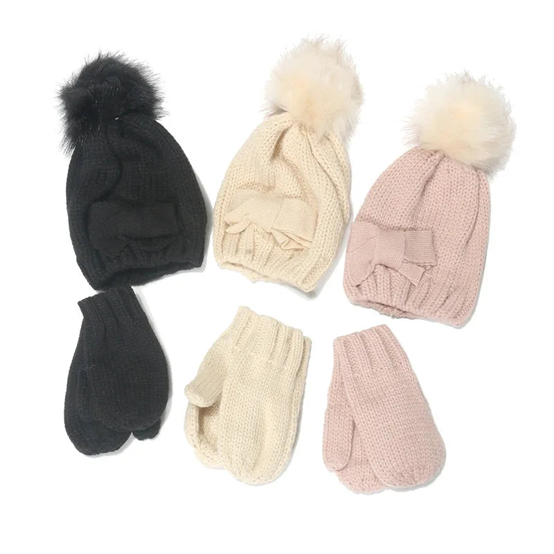 Sewingman B0489Z Children Plain Acrylic Knitted Hat Pom Pom Beanie Gloves & Mittens Set