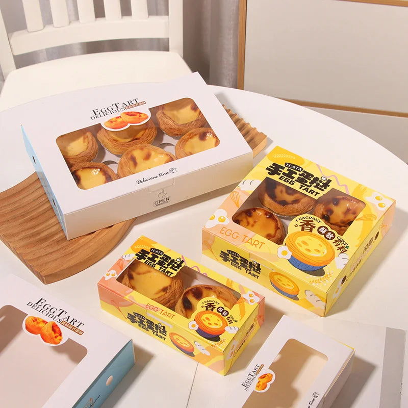Custom Biodegradable White Kraft Paper Egg Tart Box PVC Window Embossed Folder Type Disposable Bakery Food Packaging Laminate