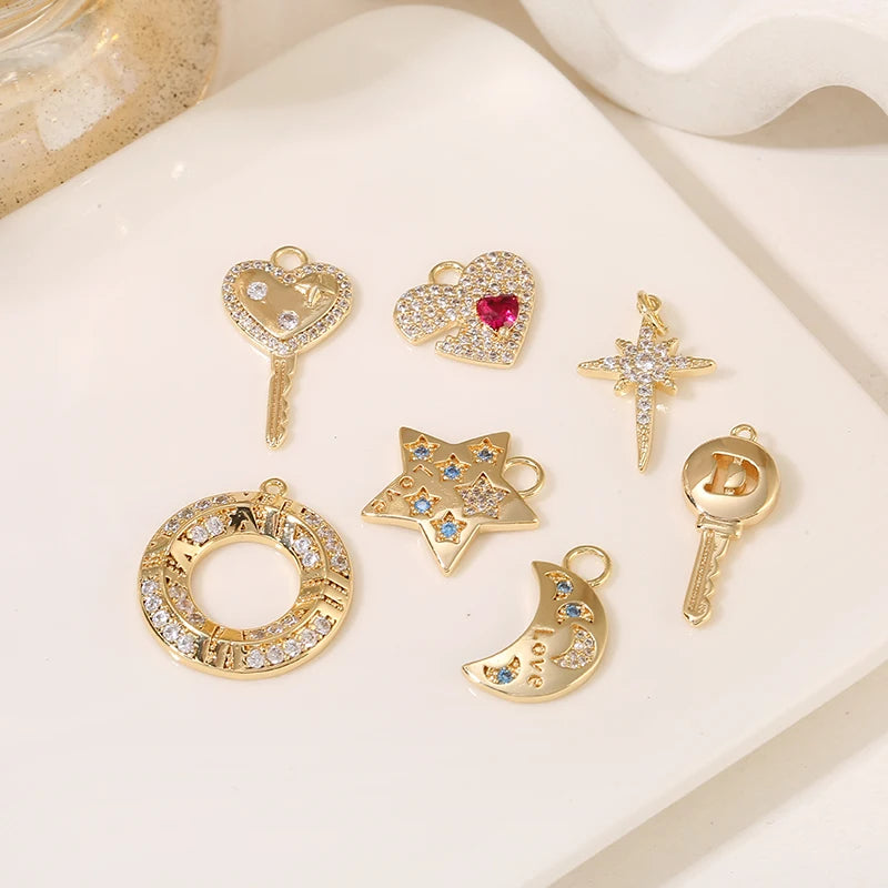Wholesale Women's Trendy Cubic Zircon Pendant Heart Key Moon Star Charm DIY Custom 14K Gold Plated Gift Jewelry Making
