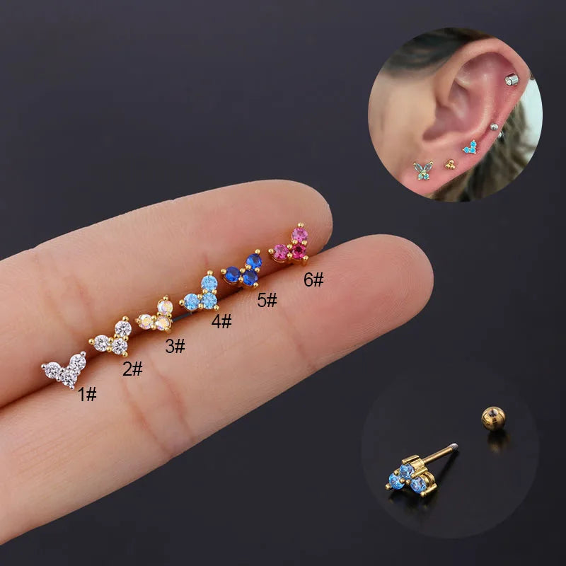 20g Summer Color Triple CZ Stud Earrings Cartilage Helix Tragus Conch Auricle Piercing Jewelry