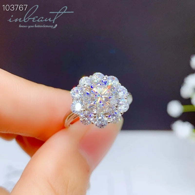 Silver 925 Original 2 Carat Diamond Test Past Brilliant Cut D Color Moissanite Blossom Ring Wedding Gemstone Jewelry for Women