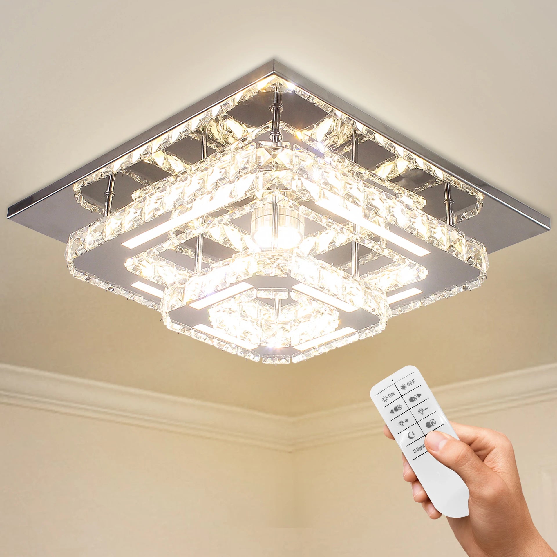 Modern 2-Layer Square K9 Crystal LED Ceiling Light Dimmable with Remote Control for Home Office
