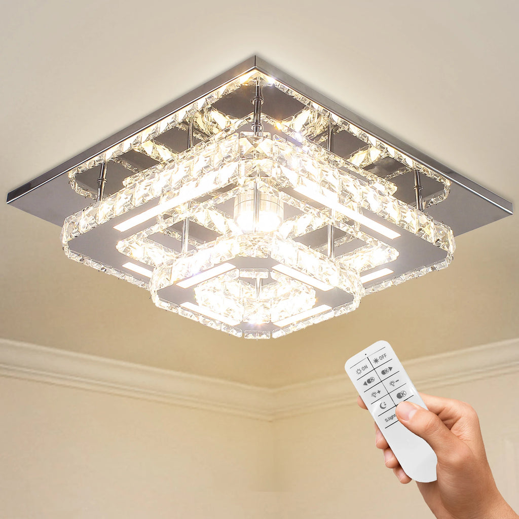 Modern 2-Layer Square K9 Crystal LED Ceiling Light Dimmable with Remote Control for Home Office