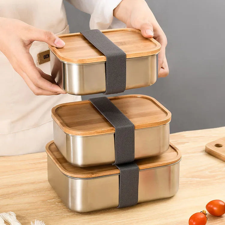 Customized 304 Stainless Steel Bamboo Lid Bento Lunch Box Kids Reusable Eco-friendly Multi-functional Food Container Freshness