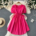 2024 Summer Korean Style Gentle and Stylish Style Temperament Square Collar Mid-length Lace-up Waist a Word Puff Sleeve Dress