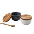 Round Marble Salt Box Kitchen Salt Cellar  Spice Box with Acacia Wood  Lid with Spoon Salt and Paper Set