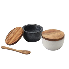 Guansen Eco-Friendly Round Salt Box Kitchen Spice Container with Acacia Wood Lid Spoon Salt & Paper Set