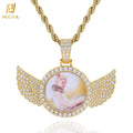 NUOYA Hip Hop Memorial Jewelry Custom Photo Projection Necklace Angel Wing Pendant Bling CZ Picture Pendant Personalized Gift