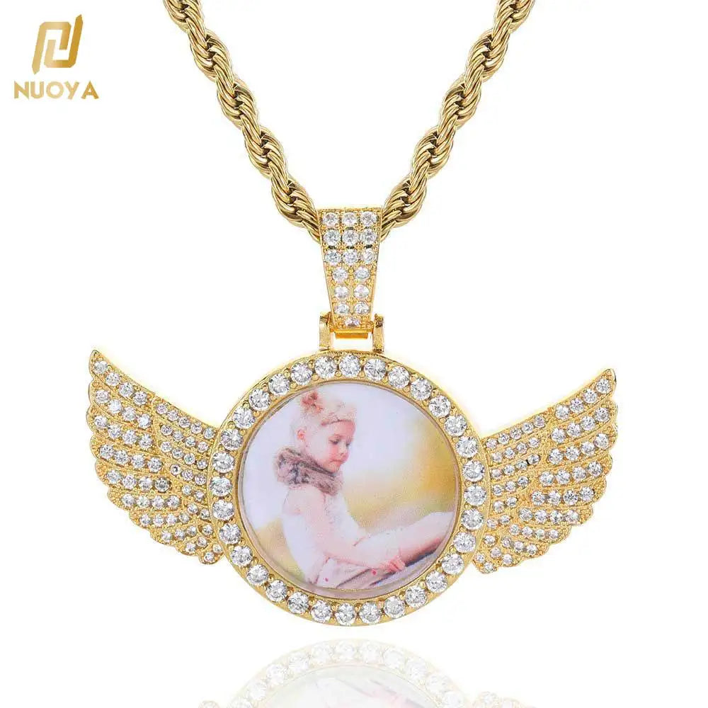 NUOYA Hip Hop Memorial Jewelry Custom Photo Projection Necklace Angel Wing Pendant Bling CZ Picture Pendant Personalized Gift