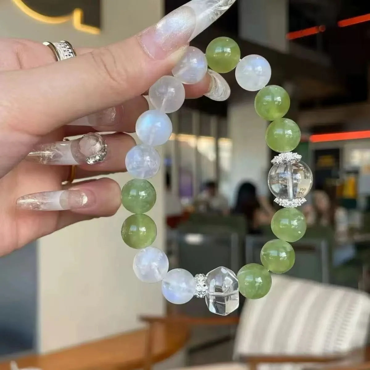 Homemade Crystal Chakra Energy Stone Natural Green Jade Moonstone clear Quartz Big Bead Charm Bracelets for Good Luck and love