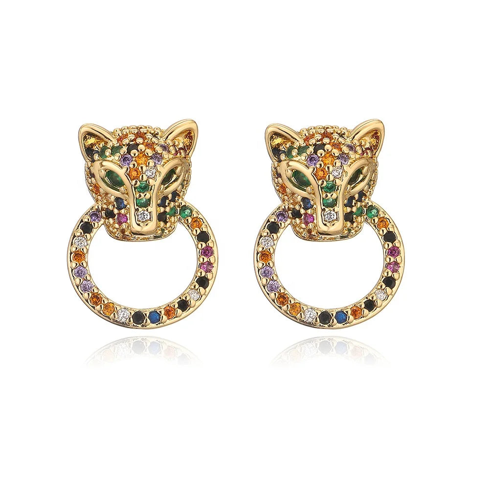 Luxury Jewelry Pave Gold Plated Earrings Jewelry Diamond Colored Zircon Panther Head Stud Earrings