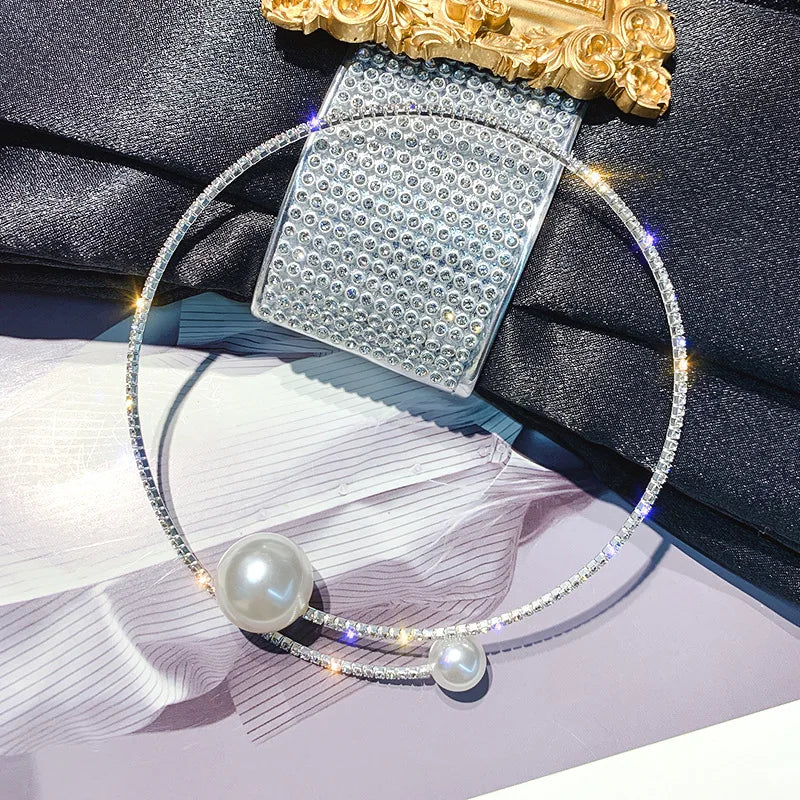 Tennis Pearl Necklace 14K Gold Plat14K Gold Plated Silver Sparking Rhinestone Choker Necklaces Dainty Crystal Cubic  Necklace