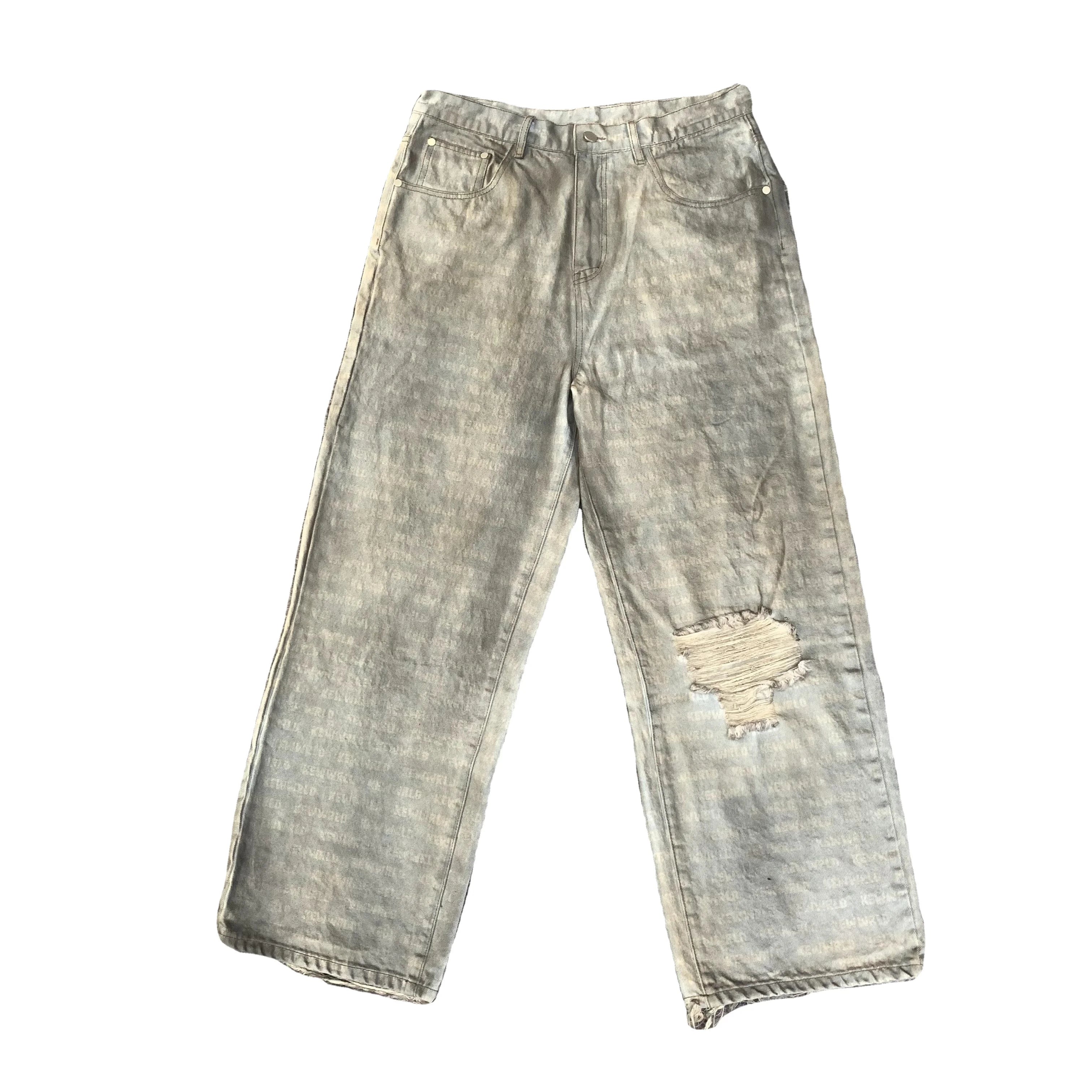 DENIMGUYS Custom Discharge Printed Men's Dirdy Mud Washed Jean Pants American Street Loose Ripped Hole Denim Jeans for Men