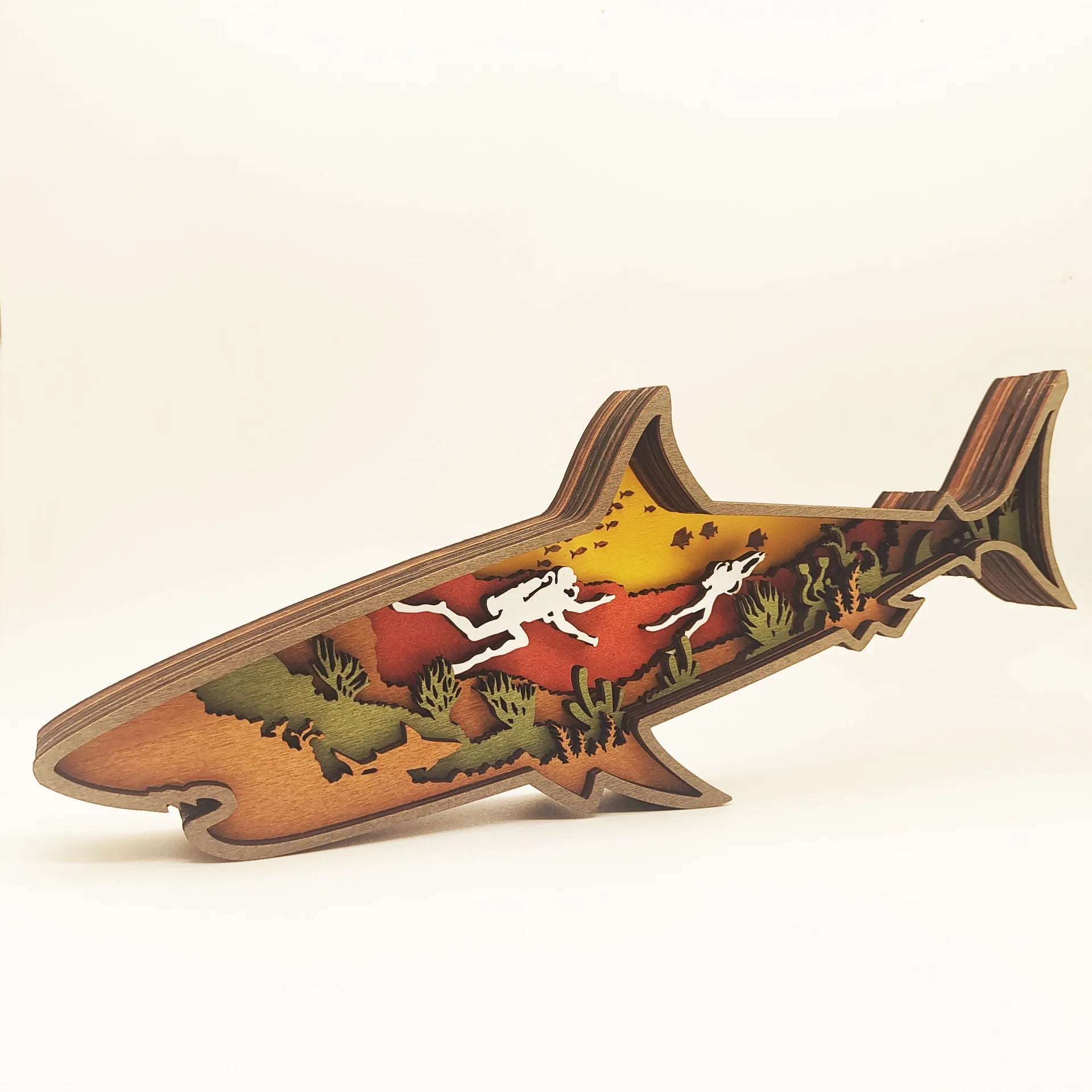 Wooden Engraved Shark Animal LED Lights Christmas Tabletop Decoration 2022 Plywood Carving Home Decor