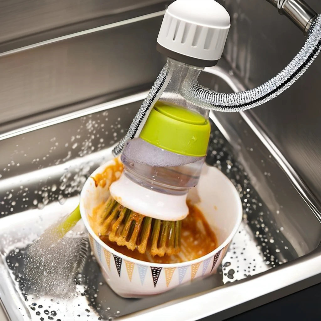Ergonomic Blue Heavy-Duty Dish Soap Dispenser Push Button Scrub Brush Handle Kitchen Plastic Material Sponge Design Pot Usage