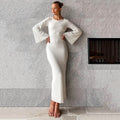 Enyami Normcore Spring Autumn Elegant Backless Party Dress Women Knitted Long Flare Sleeve Casual Dresses