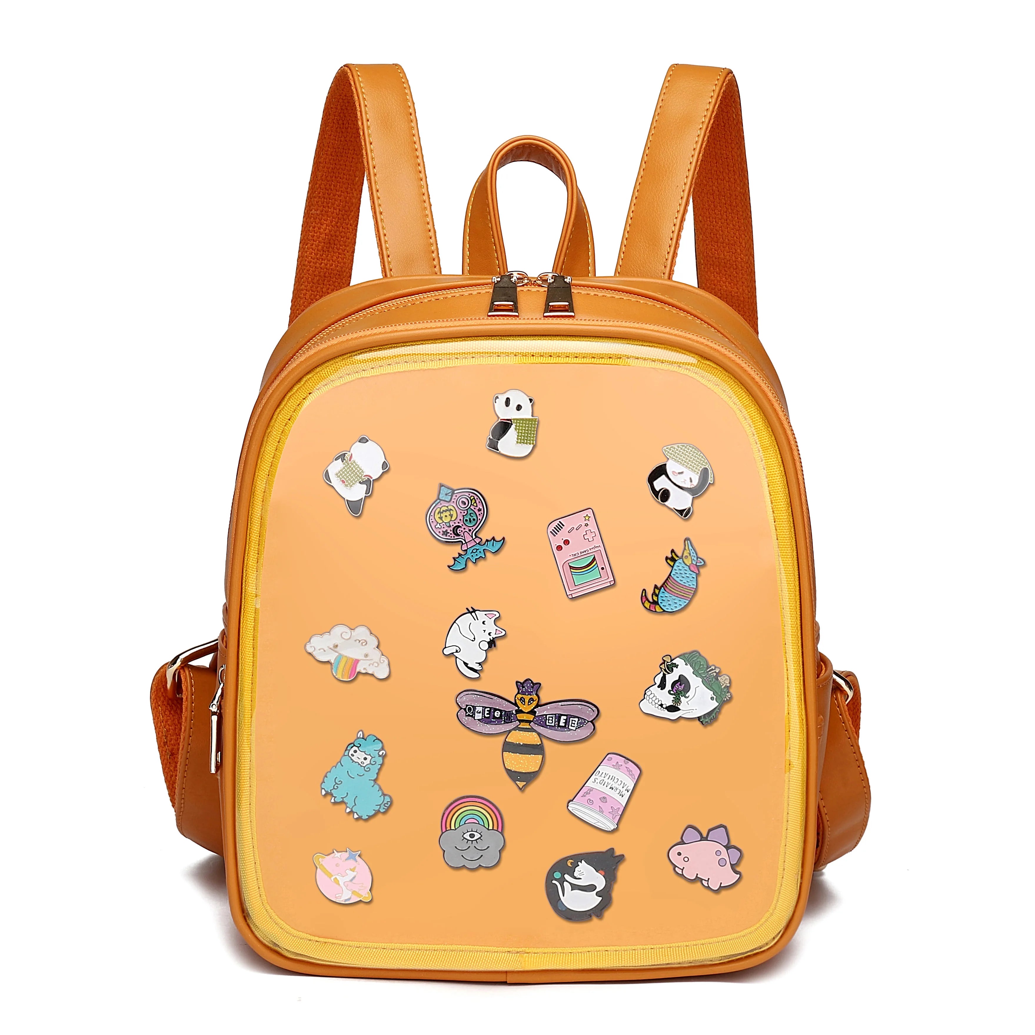 Custom clear PVC Ita Backpack with Pins Display Leather School Vinyl Backpack Custom Design Ita Bag