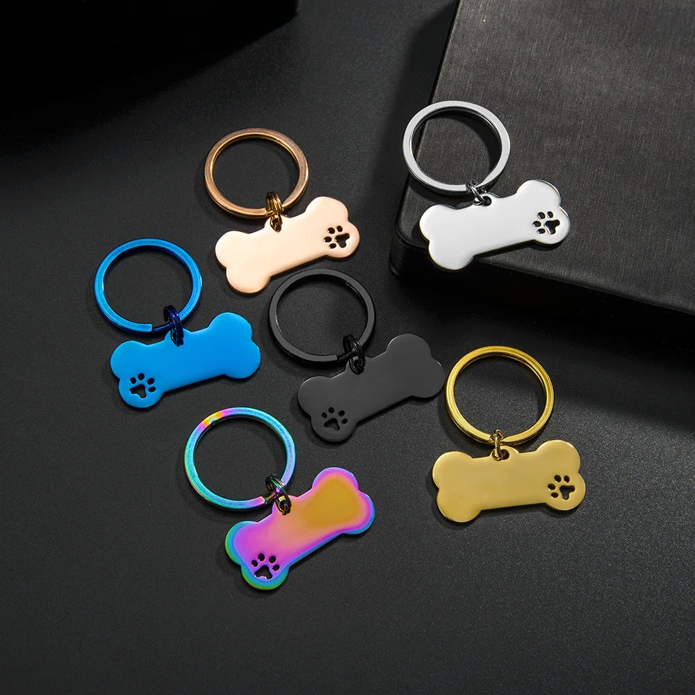 Engraved Pet Dog Collar Accessories Bone Dog Tag with Paw Cut Outs Stainless Steel Hollow-out Paw Print Pet ID Tag