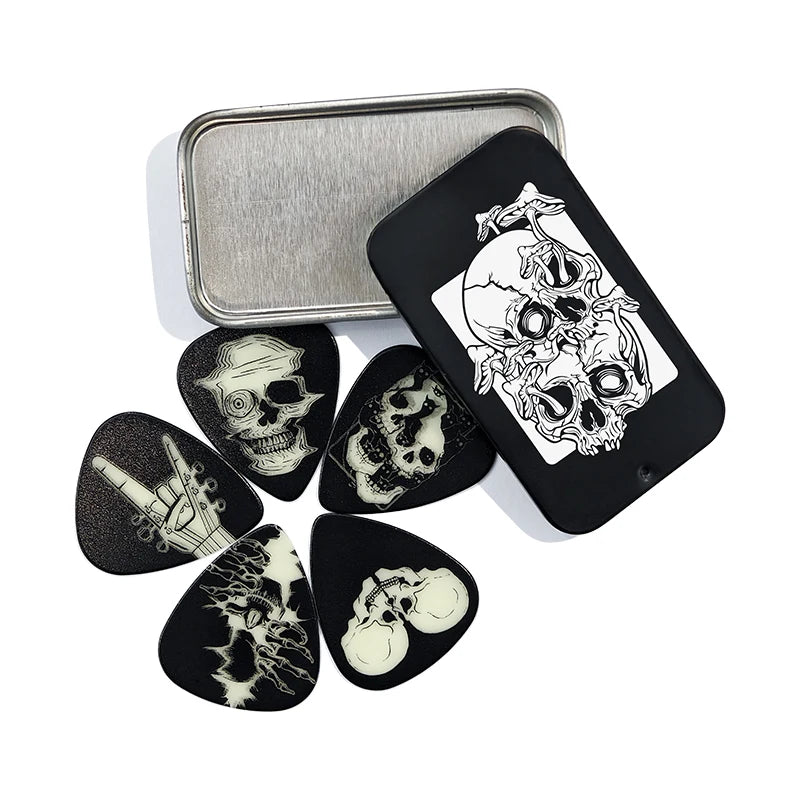 Best Sell Celluloid Sheet Mini Gift Sets New Design Rock Skull Custom Printed 0.71mm Thickness Guitar Plectrum Set with Tin Box