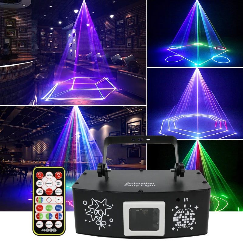 New Look Animations Laser Projector 256 Geometric Patterns RGB Lighting Remote Control for Party Nightclub Bar Decorations