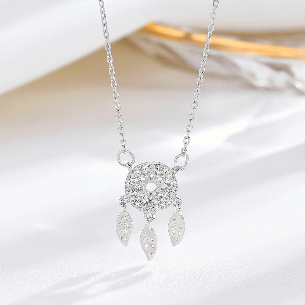 Personality 925 Sterling Silver Simple Zircon Dream Catcher Pendant Link Chain Trendy Wedding Necklace