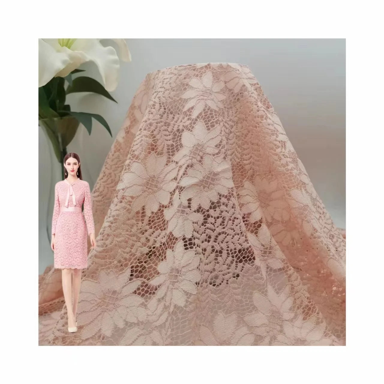 2024 New Fashion Elegant Underwear Lace Fabric Blend Cotton Nylon Pink Floral Jacquard Mesh Lace Fabric for Women's Dress