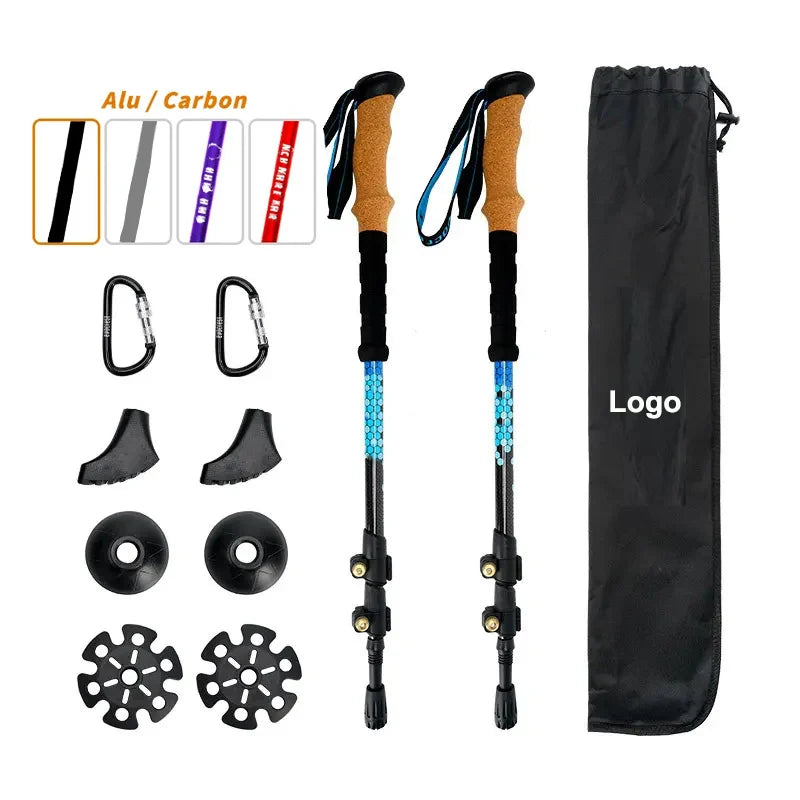 Wholesale ultra Light Tactical Full Carbon Fiber 100% Trekking Pole Nordic Walking Stick Telescopic Cork Handle Flick Lock