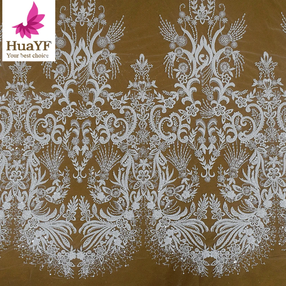 HY2719 Hot Sale White French Embroidery Heavy 3d Beaded Pearls Lace With Sequins Wedding Bridal Dress Wholesale Factory Price
