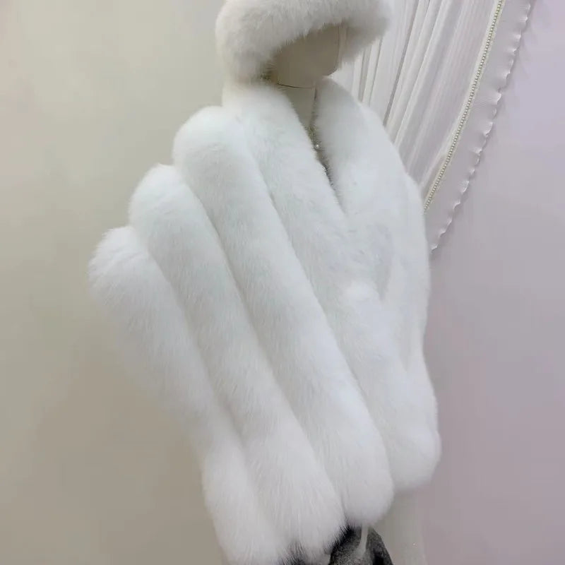 MWFur Lady's Winter Shawl Black Luxury Long Strips Style Big Thick White Fox Fur Shawl for Women
