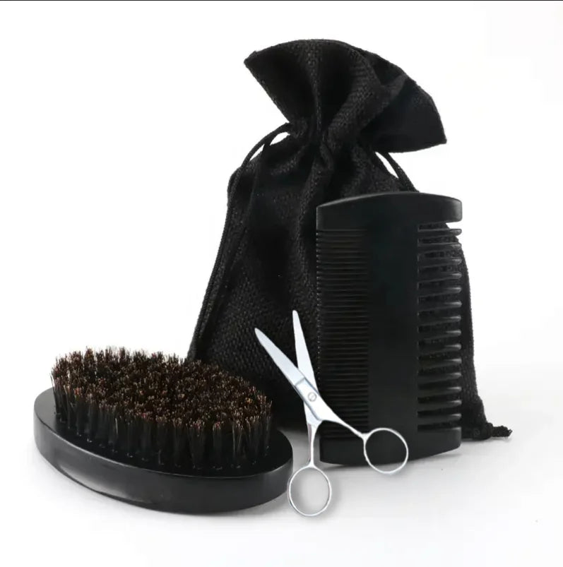Abeis Beard Care Brush Comb Custom logo Black Boar Bristle Beard Brush and Combs Men Beard Grooming Kit Gift Set
