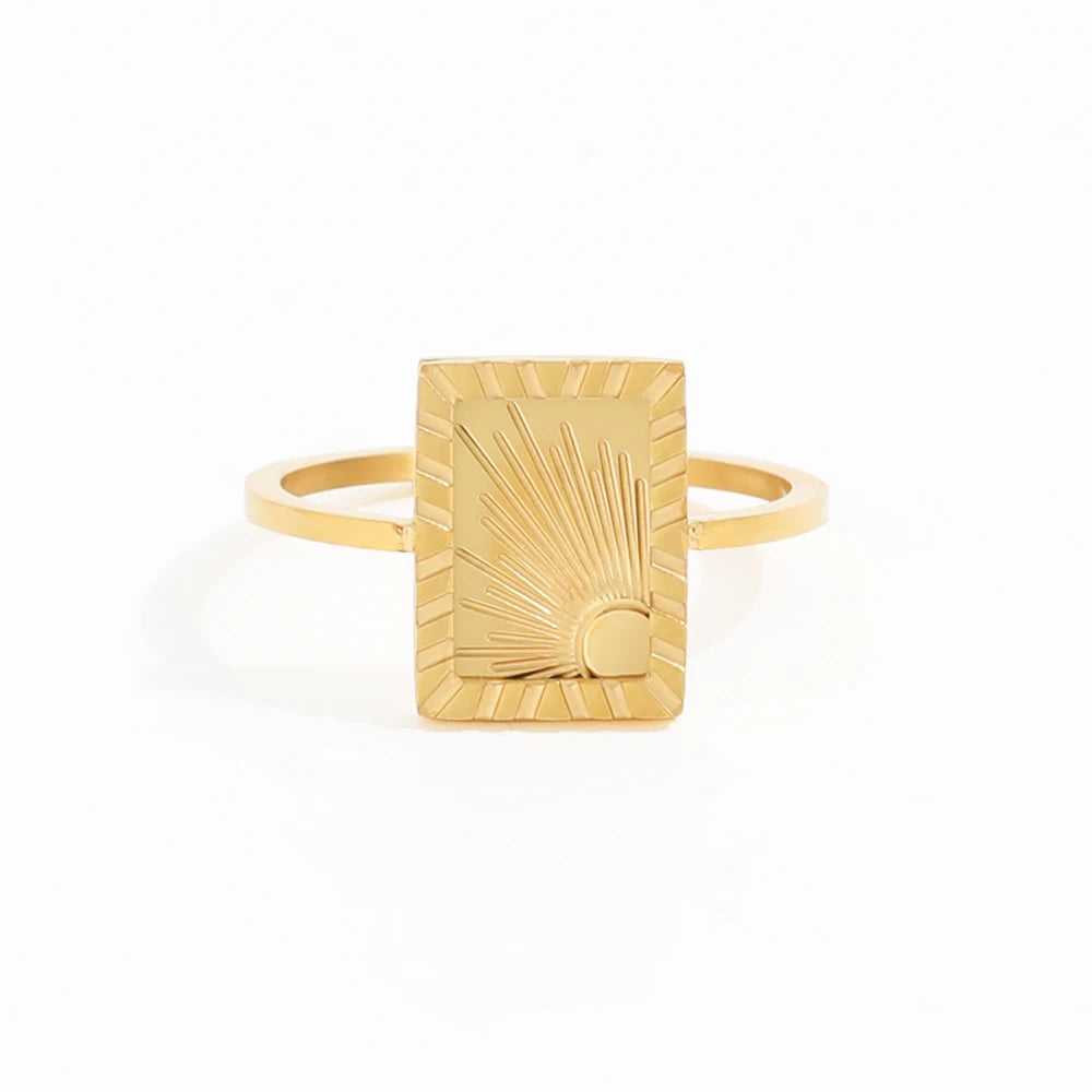 High End Tarnish Free PVD Gold Plated Shinny Gold Sunburst Rings Rectangle Rings for Women Stainless Steel Jewelry