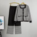 Factory Wholesale Women's Casual Long-Sleeved Houndstooth Two-Piece Set Square Collar Button Decoration for Spring Season