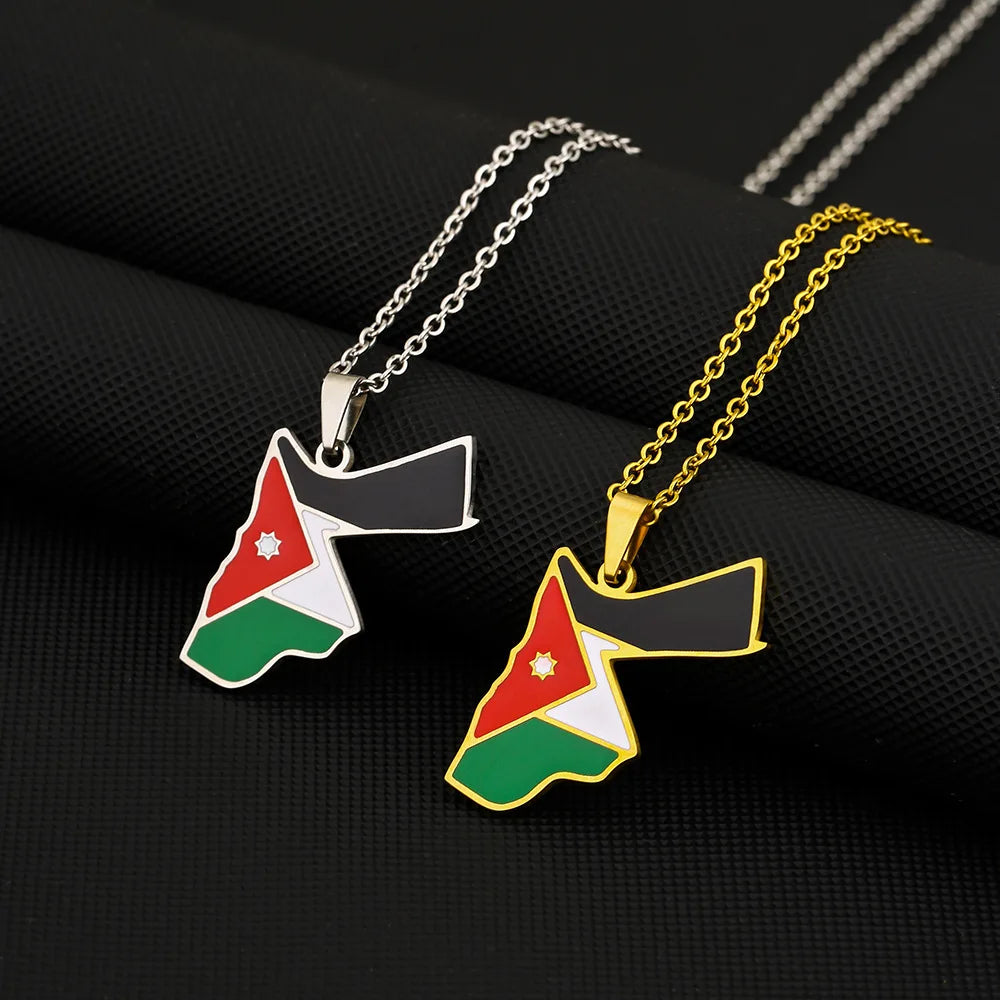 Manufacturer Enameled Jordan Map Chain Necklace Stainless Steel 18K Gold Plated Enamel Jordan National Flag Pendant Necklace