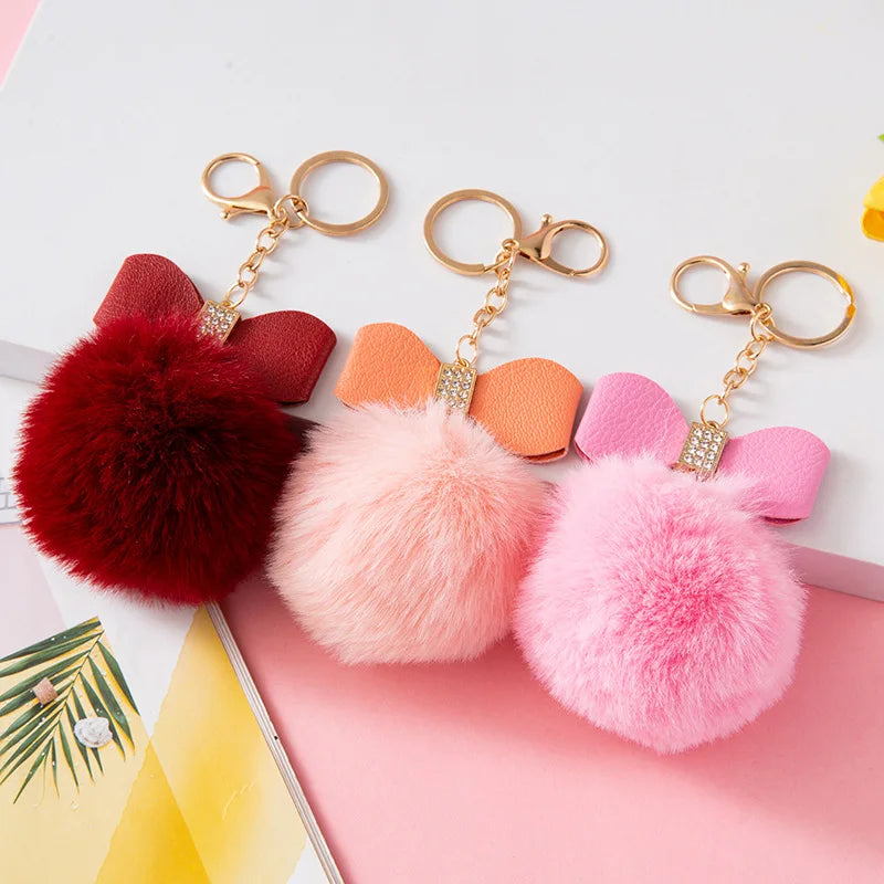 Fashion Pompon Keychain Women Key Chain Rhinestone Leather Bow Knot Artificial Rabbit Ball Bag Pendant Car Key Ring