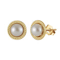 RINNTIN Trendy White Fresh Water Pearl Earrings 925 Sterling Silver Studs with 6mm Gold Plated Button Freshwater Cultured Pearls