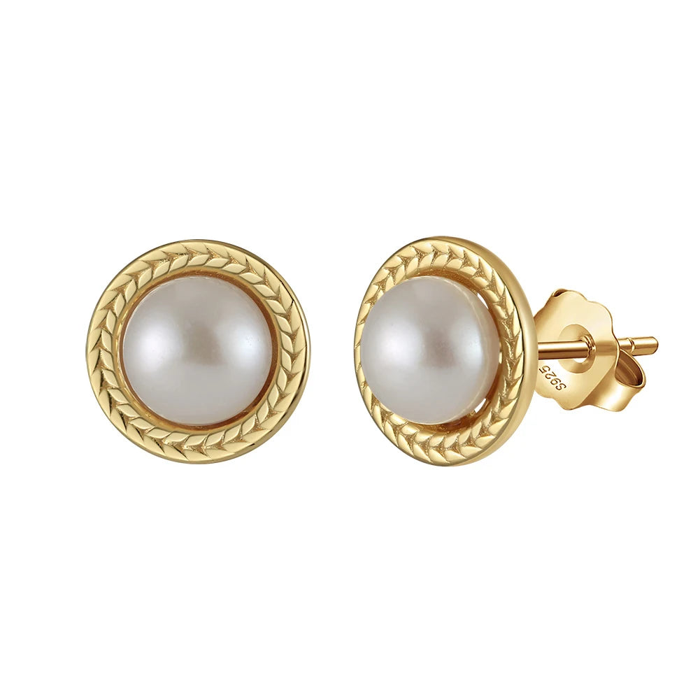 RINNTIN Trendy White Fresh Water Pearl Earrings 925 Sterling Silver Studs with 6mm Gold Plated Button Freshwater Cultured Pearls