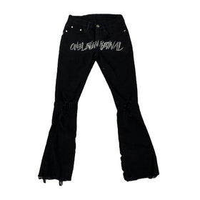 DENIMGUYS Rhinestone Logo Customized Men's Jeans Black Damaged Holes Men Streetwear Distressed Flared Jeans