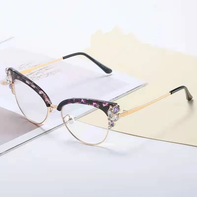 New Diamond-encrusted Anti-Blue Light Cat Eye Optical Glasses Retro Metal Blocking Blue Light Optical Glasses