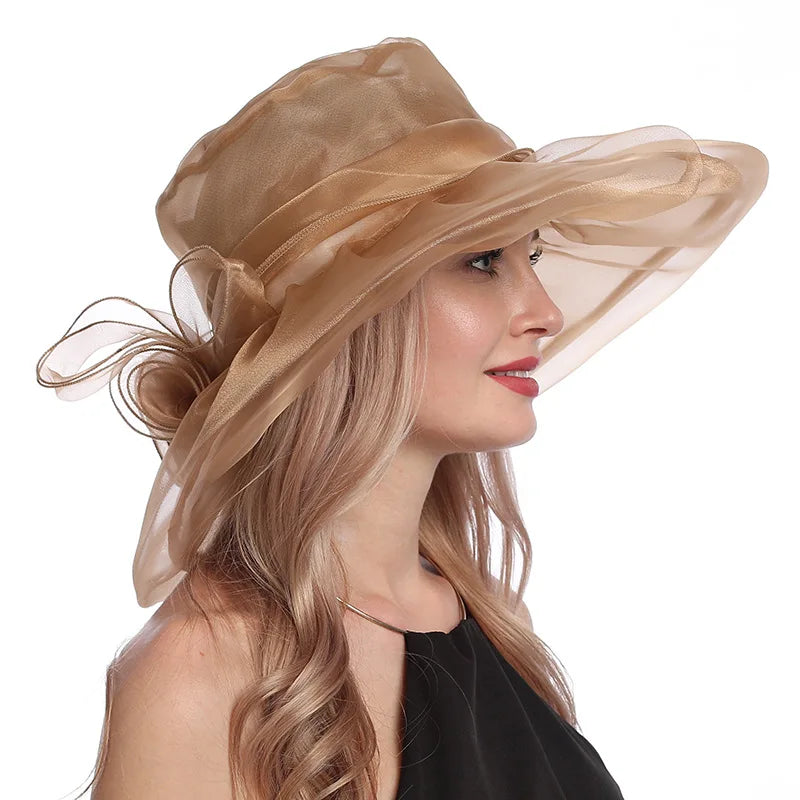 X1598 Elegant Wedding Organza Flower Lady Millinery and Fancinators Wide Brim Sunscreen Fisherman Hats for Outdoor Use