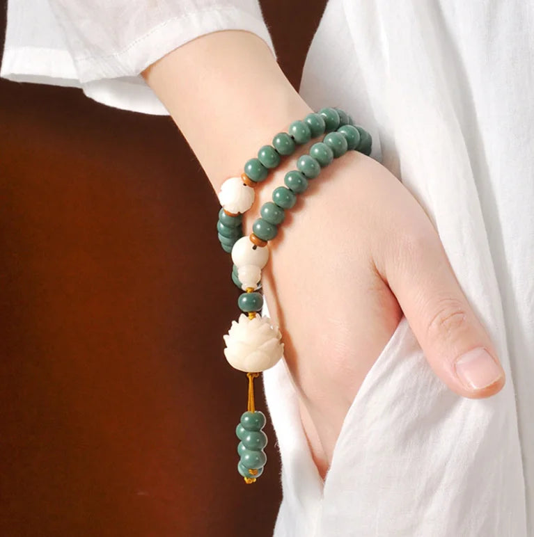 Religious Style Retro Natural Emerald Bodhi Beaded Bracelet White Jade Bracelet for Women and Men