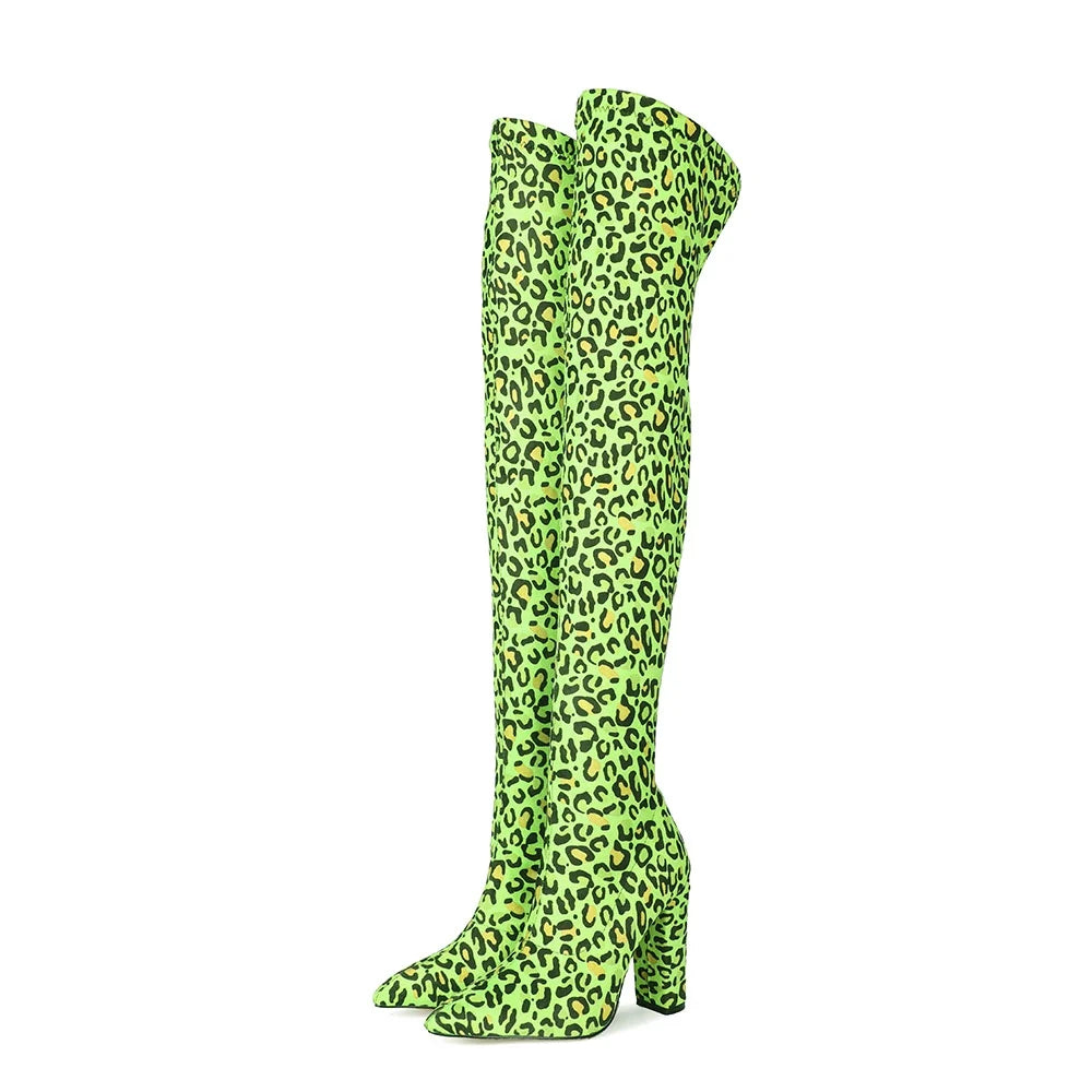 Women's Stretch Leopard Print Faux Suede Over the Knee Boots Pointed Toe Block Heel Pull on Wide Calf Extended Size 45 MegaBDM