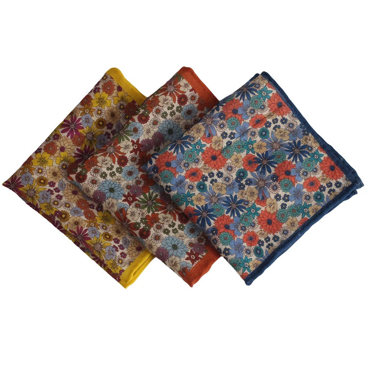 Hand Rolled Wool Custom Print Wholesale Handkerchief Meadow Design Pocket Squares for Men