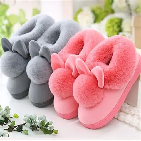 Wholesale Winter Cute Rabbit Plush Fluffy Fur Cozy Anti-Slip Home and Outdoor Flats Shoes Comfortable Men Women's Slippers
