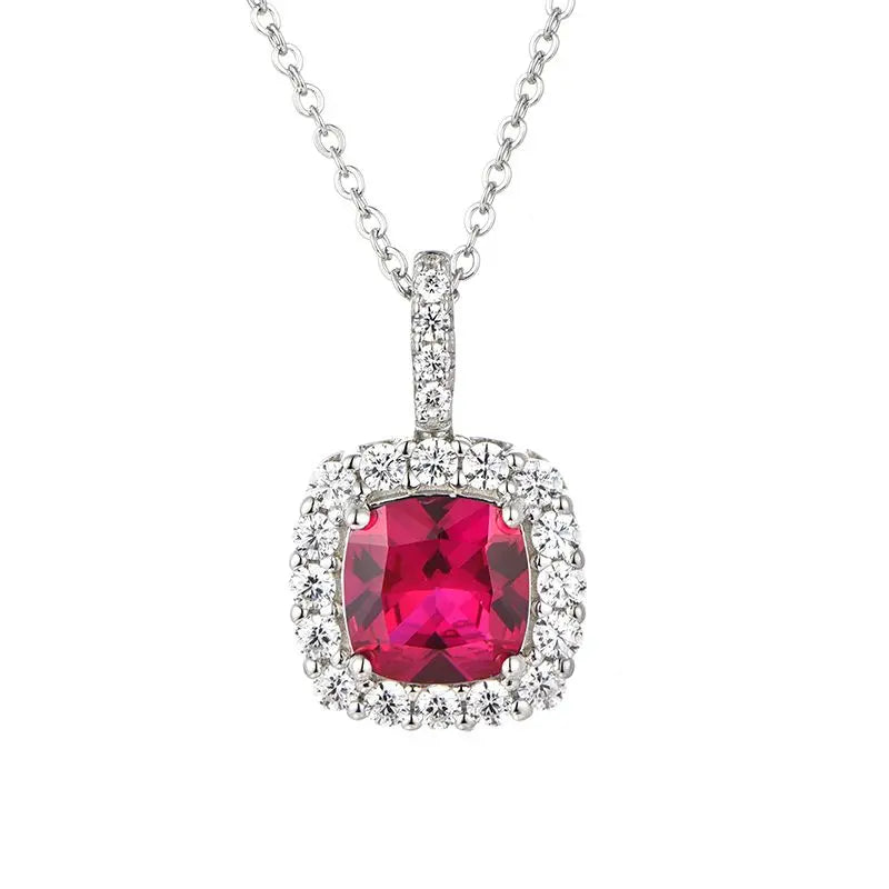 YH Factory Hot Selling Cubic Zircon Halo 925 Sterling Silver Cushion Shape Red CZ Pendant Necklace for Girl