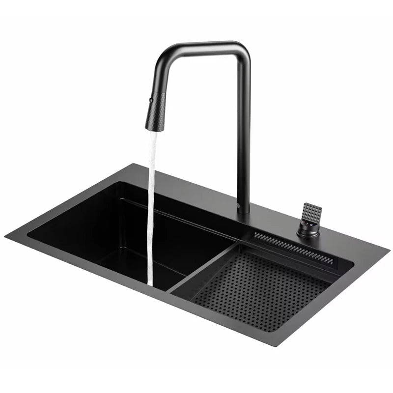 Luxury 304 Stainless Steel Single Bowl Kitchen Sink Set Modern Waterfall Design with Two Holes Black