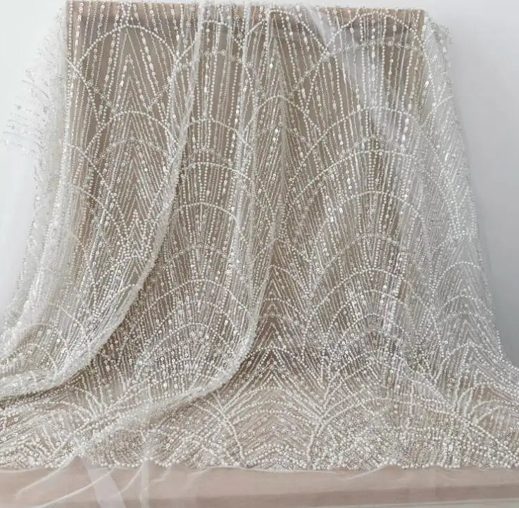 Bridal Lace Fabric Stripes Luxury Beaded Sequin Wedding Dress Garment 3D 100% Polyester Advanced Custom-made Sewing Fabric
