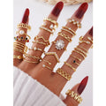 28pcs/set Fashion Stackable Metal Leaf Pearl Colored Rhinestone Ring Set for Women Jewelry