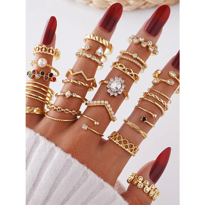 28pcs/set Fashion Stackable Metal Leaf Pearl Colored Rhinestone Ring Set for Women Jewelry