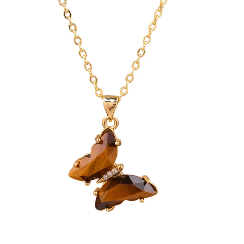 Butterfly Necklace Fashion Jewelry Gift to Mom  Natural Stone Crystal Butterfly Pendant Choker Wholesale