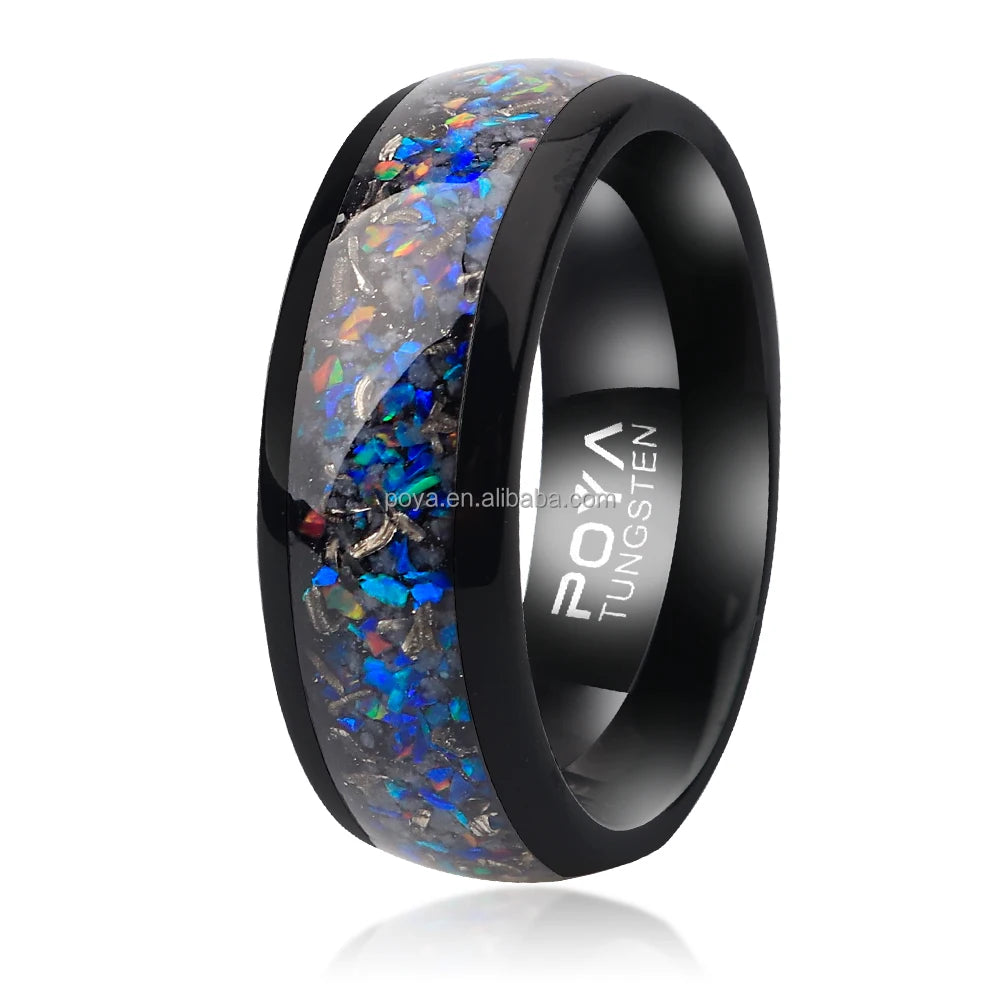 POYA 8mm Glow in the Dark Meteorite Galaxy Opal Inlay Tungsten Ring Black Domed Wedding Band